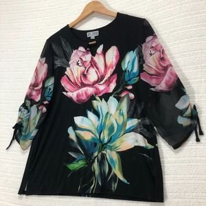 JM Collection Floral Print Sheer Sleeve Blouse Top Black Pink Size‎ Petite L